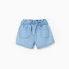 Denim shorts with paperbag waist and belt for baby girls, blue
