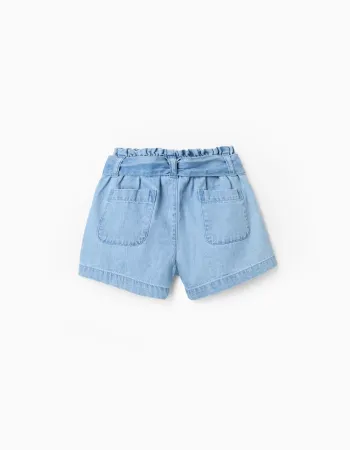 Denim shorts with paperbag waist and belt for baby girls, blue