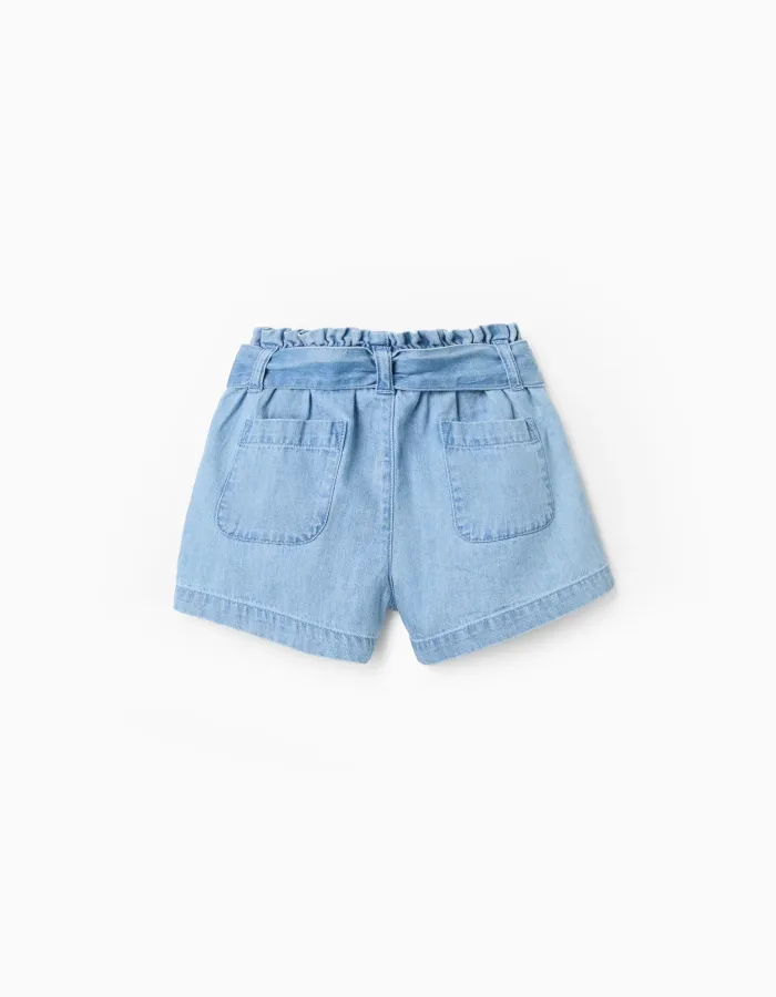 Denim shorts with paperbag waist and belt for baby girls, blue