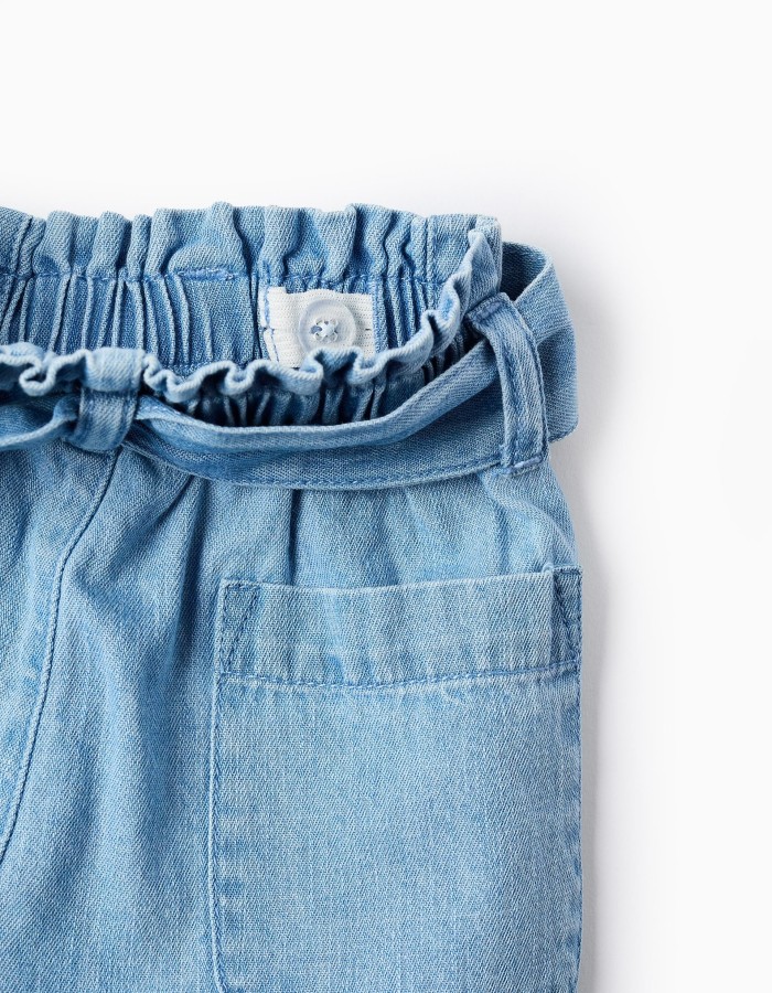 Denim shorts with paperbag waist and belt for baby girls, blue