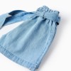 Denim shorts with paperbag waist and belt for baby girls, blue