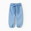 Denim trousers with paperbag waist and belt for baby girls, blue