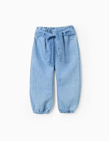Denim trousers with paperbag waist and belt for baby girls, blue