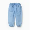 Denim trousers with paperbag waist and belt for baby girls, blue