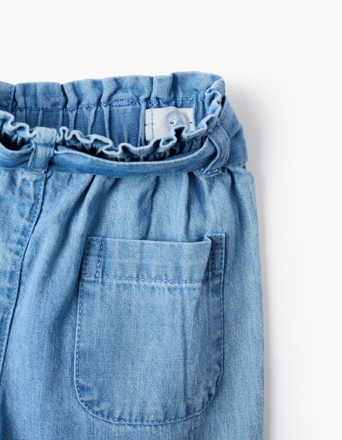 Denim trousers with paperbag waist and belt for baby girls, blue