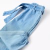 Denim trousers with paperbag waist and belt for baby girls, blue