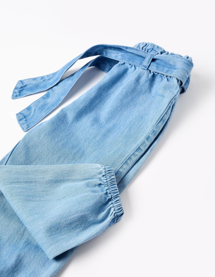 Denim trousers with paperbag waist and belt for baby girls, blue