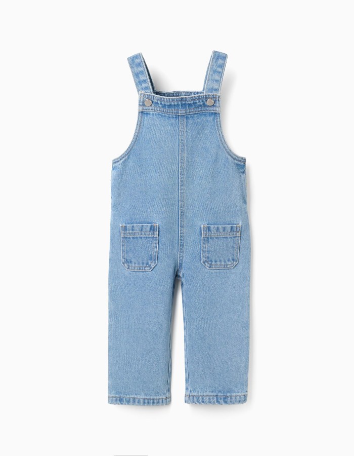Wide leg denim dungarees with pockets for baby girls, light blue