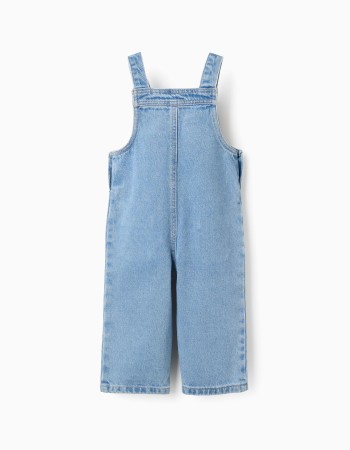 Wide leg denim dungarees with pockets for baby girls, light blue
