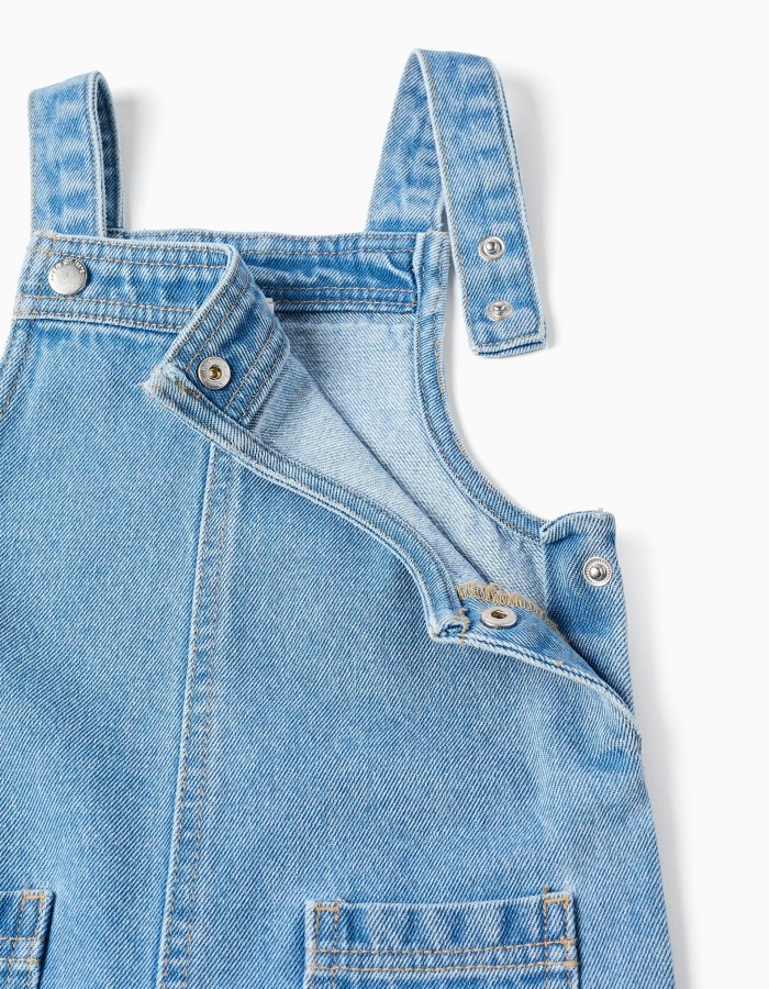 Wide leg denim dungarees with pockets for baby girls, light blue