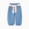 Denim paperbag trousers with floral belt for baby girls, blue