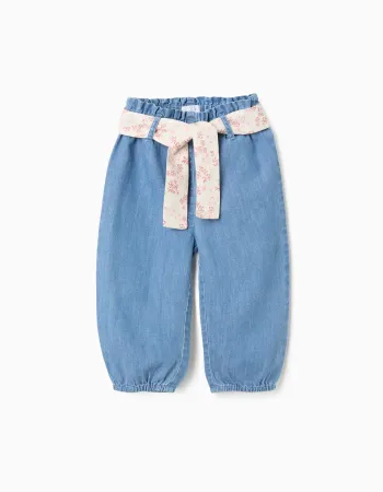 Denim paperbag trousers with floral belt for baby girls, blue