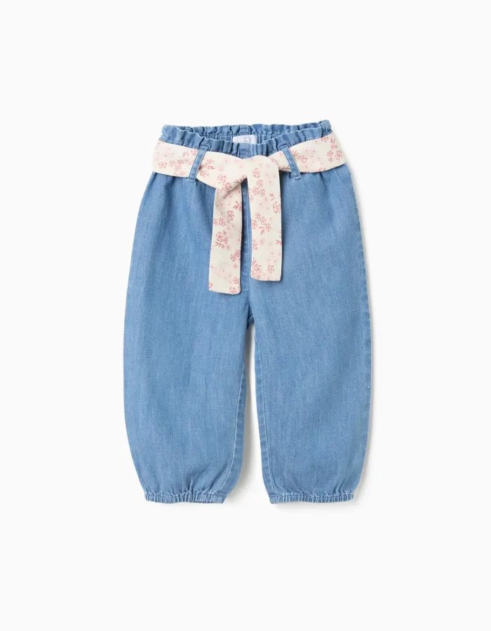 Denim paperbag trousers with floral belt for baby girls, blue