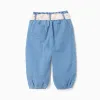Denim paperbag trousers with floral belt for baby girls, blue