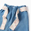 Denim paperbag trousers with floral belt for baby girls, blue