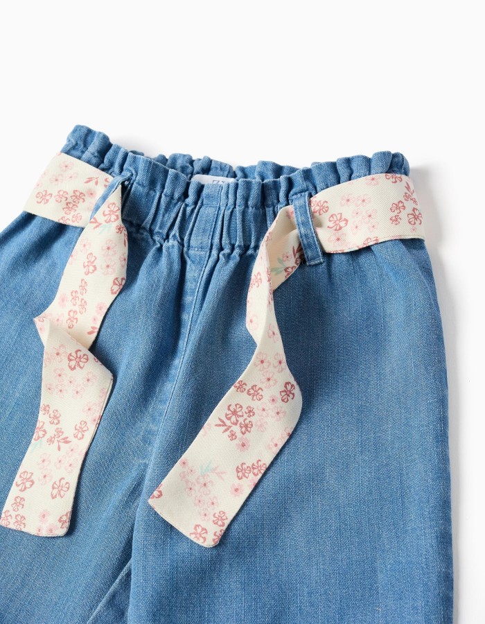 Denim paperbag trousers with floral belt for baby girls, blue