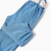 Denim paperbag trousers with floral belt for baby girls, blue