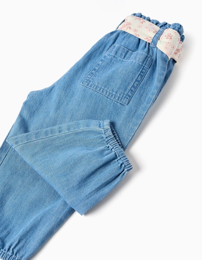 Denim paperbag trousers with floral belt for baby girls, blue