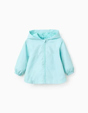 Hooded windbreaker with lining for baby girls, turquoise blue