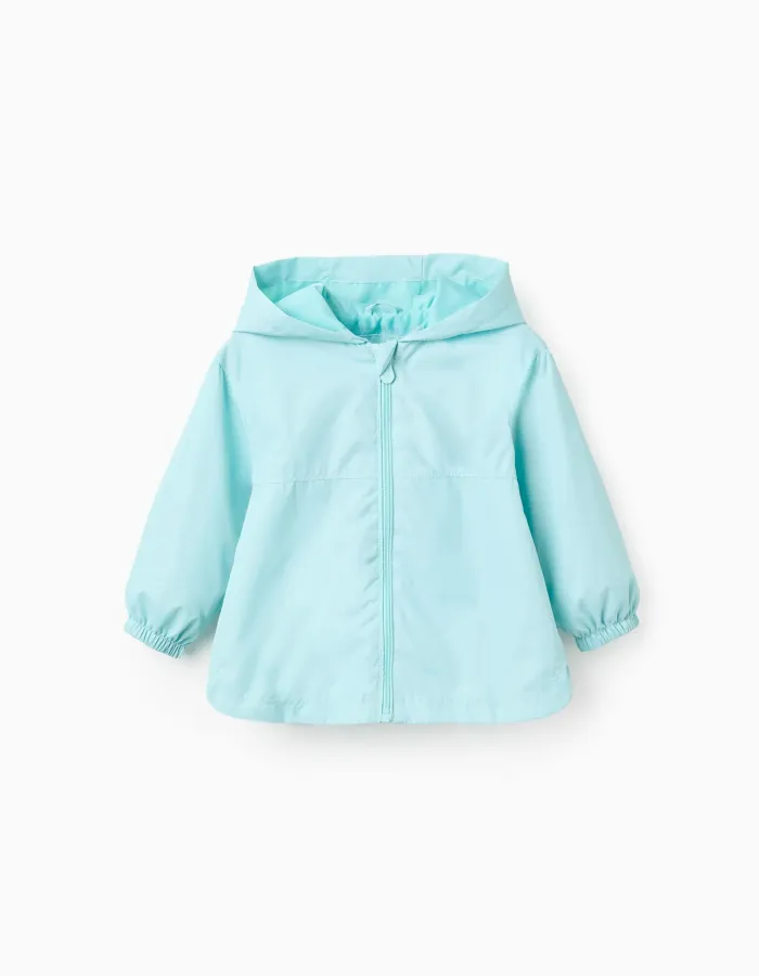 Hooded windbreaker with lining for baby girls, turquoise blue