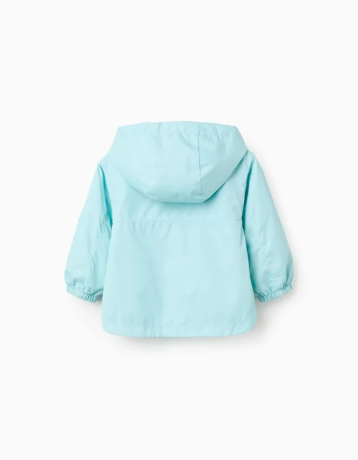 Hooded windbreaker with lining for baby girls, turquoise blue