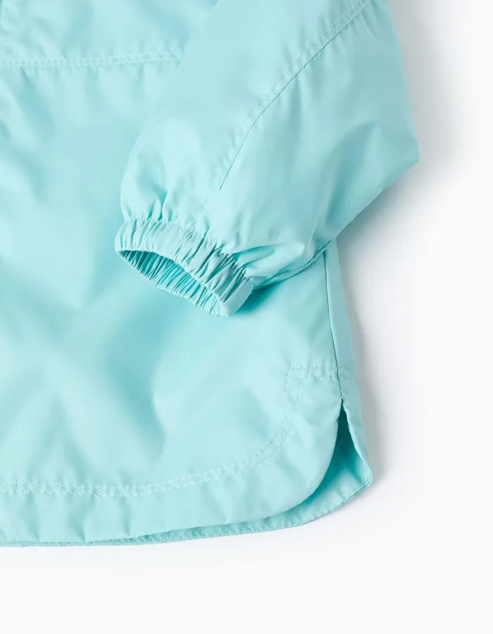 Hooded windbreaker with lining for baby girls, turquoise blue