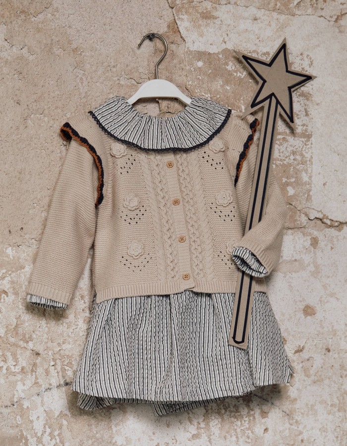 Knitted jacket with crochet and ruffles B&S for baby girls, beige
