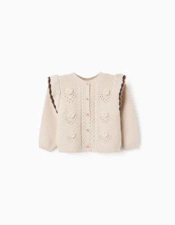 Knitted jacket with crochet and ruffles B&S for baby girls, beige