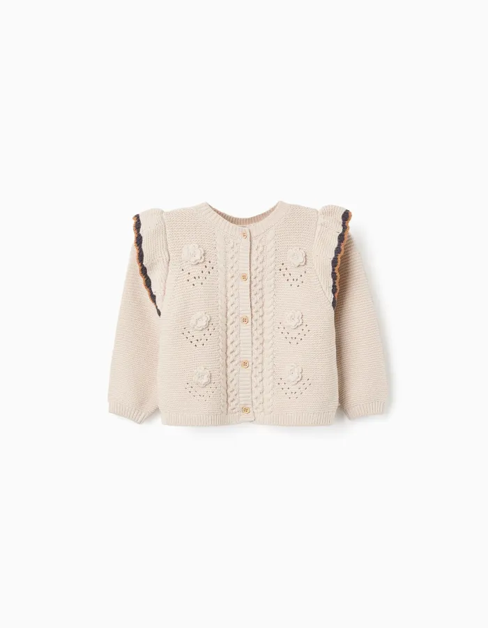 Knitted jacket with crochet and ruffles B&S for baby girls, beige