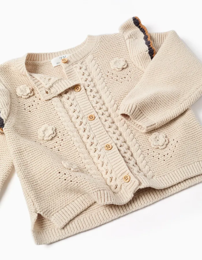 Knitted jacket with crochet and ruffles B&S for baby girls, beige