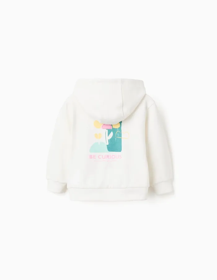 Cotton hooded jacket with floral prints for baby girls, white