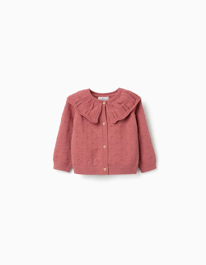 Openwork cotton knit jacket with ruffle collar for baby girls, pink