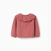 Openwork cotton knit jacket with ruffle collar for baby girls, pink