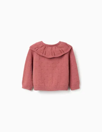 Openwork cotton knit jacket with ruffle collar for baby girls, pink