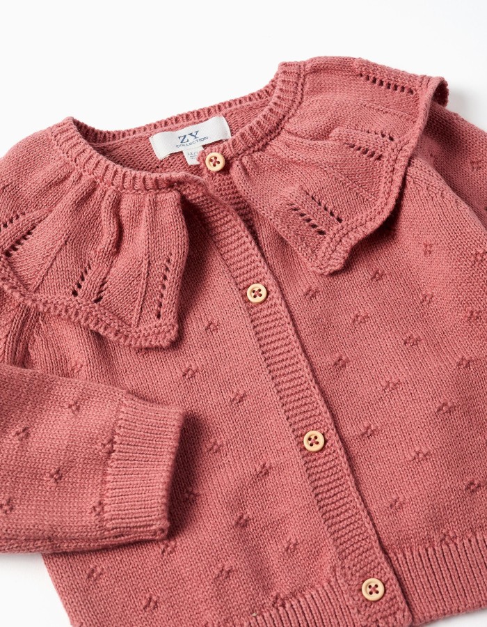 Openwork cotton knit jacket with ruffle collar for baby girls, pink