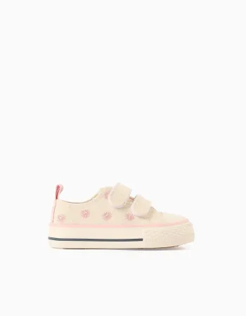 Canvas trainers with embroidered floral motif for baby girls, light beige