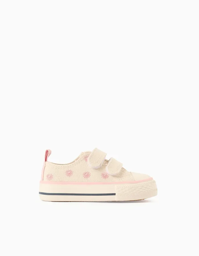 Canvas trainers with embroidered floral motif for baby girls, light beige
