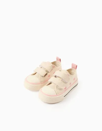 Canvas trainers with embroidered floral motif for baby girls, light beige