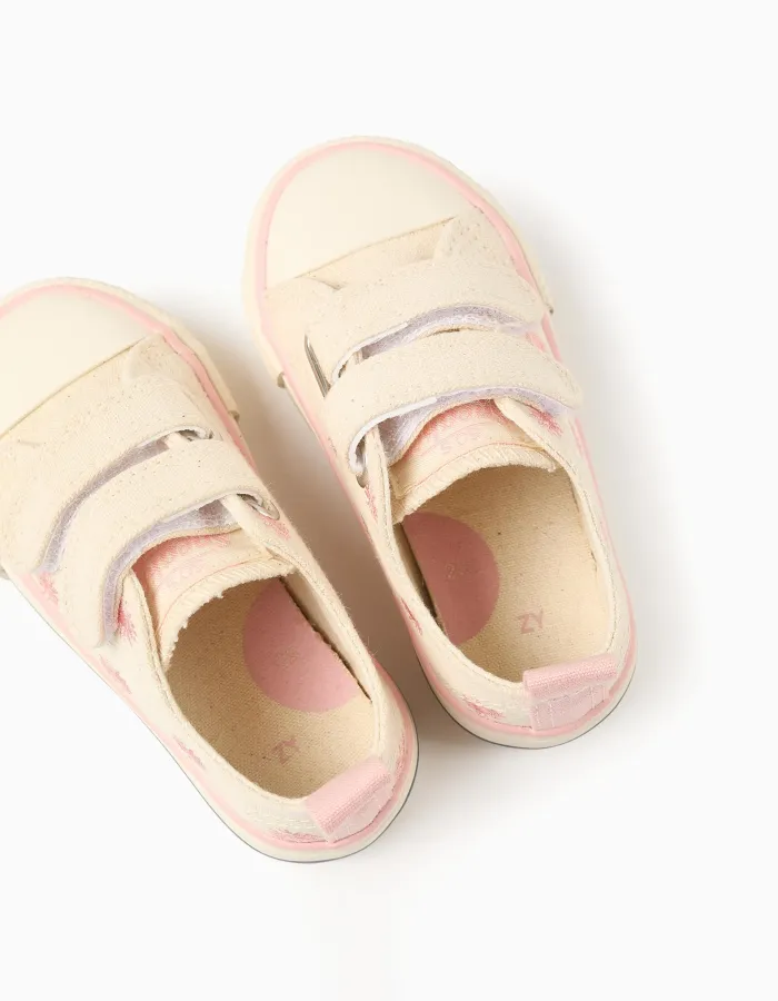 Canvas trainers with embroidered floral motif for baby girls, light beige