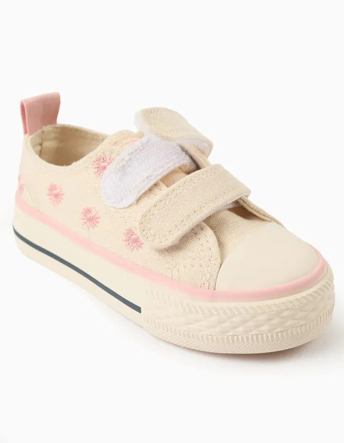 Canvas trainers with embroidered floral motif for baby girls, light beige