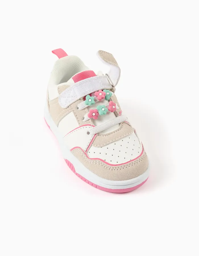 Dual-fabric trainers with decorative flowers for baby girls, multicolour