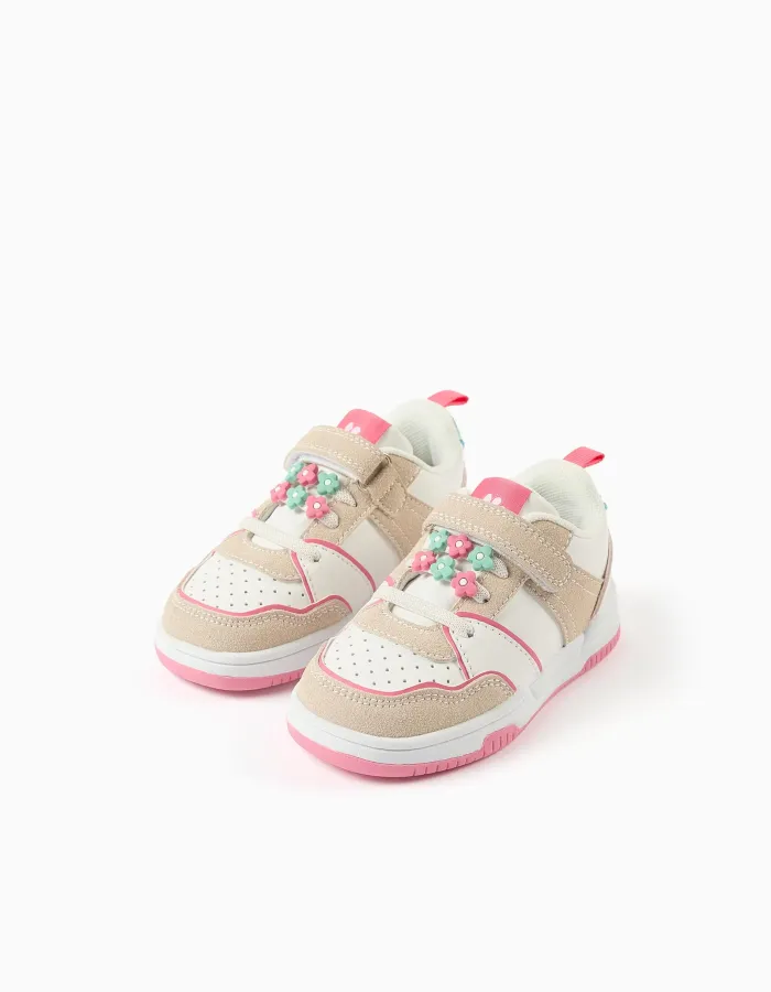 Dual-fabric trainers with decorative flowers for baby girls, multicolour
