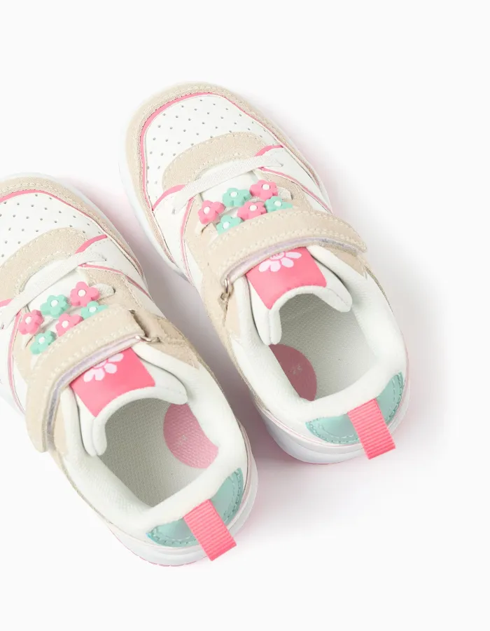 Dual-fabric trainers with decorative flowers for baby girls, multicolour