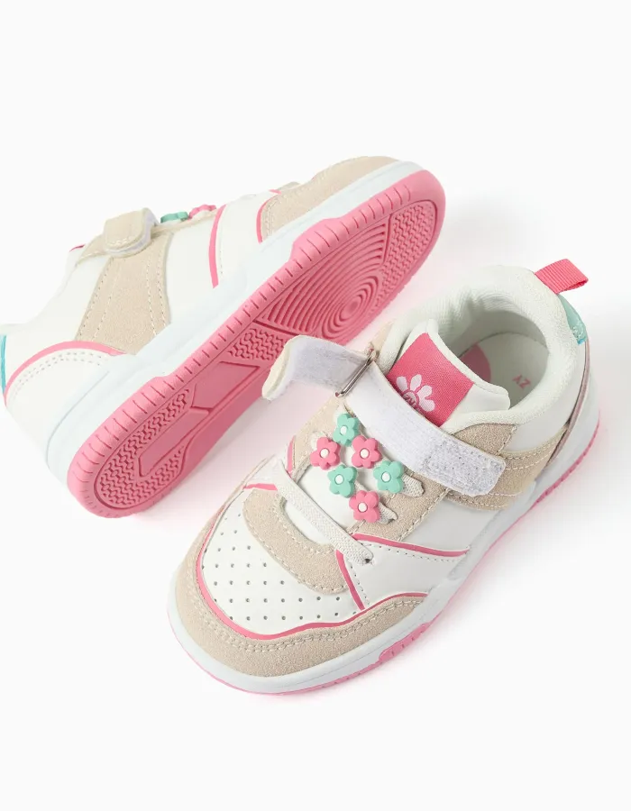 Dual-fabric trainers with decorative flowers for baby girls, multicolour