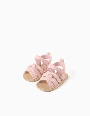 Sandals with open toe and crossed straps for newborn girls, light pink