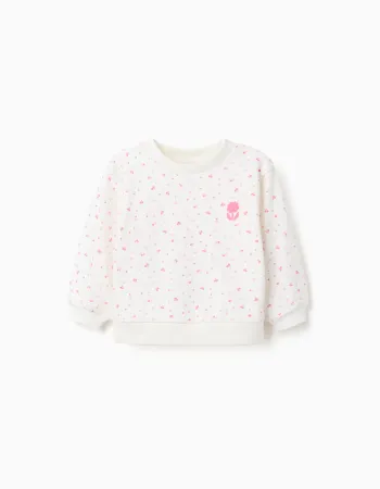 Cotton sweatshirt with floral motif for baby girls, white/pink