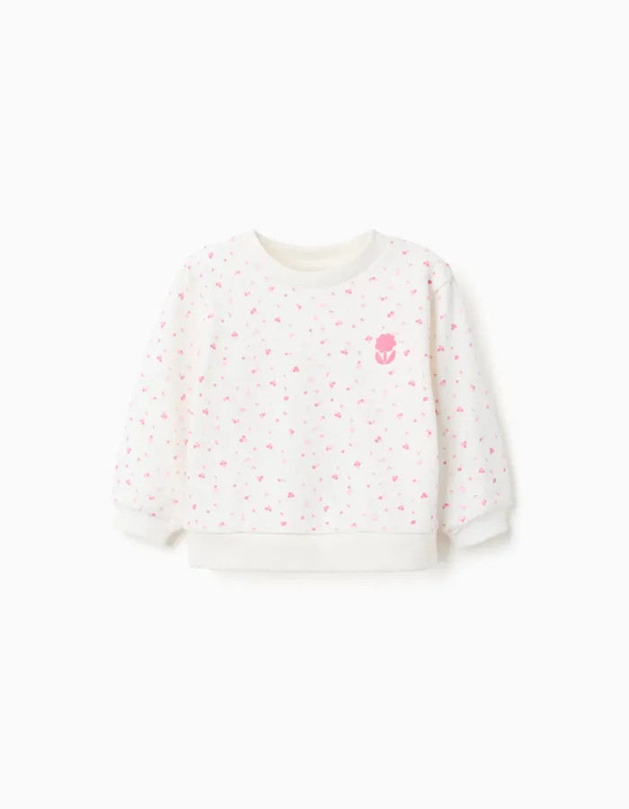 Cotton sweatshirt with floral motif for baby girls, white/pink