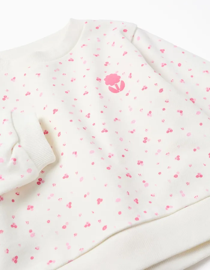 Cotton sweatshirt with floral motif for baby girls, white/pink