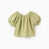Cotton top in broderie anglaise with balloon sleeves for baby girls, green