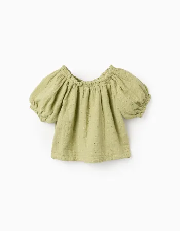Cotton top in broderie anglaise with balloon sleeves for baby girls, green